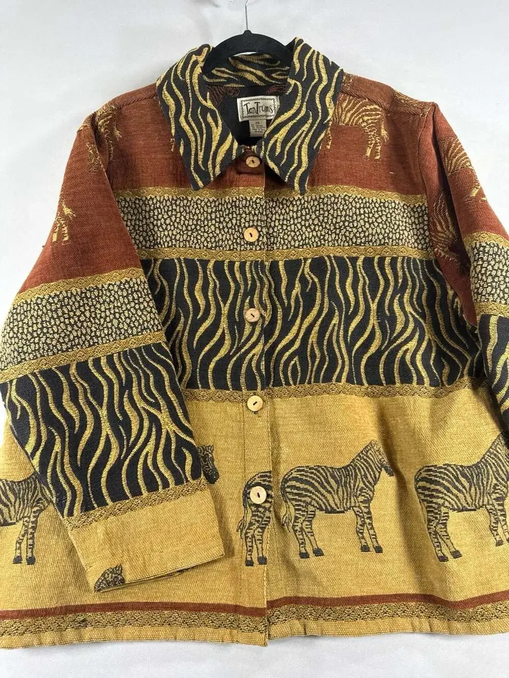 Vintage TanTrums Zebra Safari Jacket Brocade Tribal Boho Boxy Women's 2X